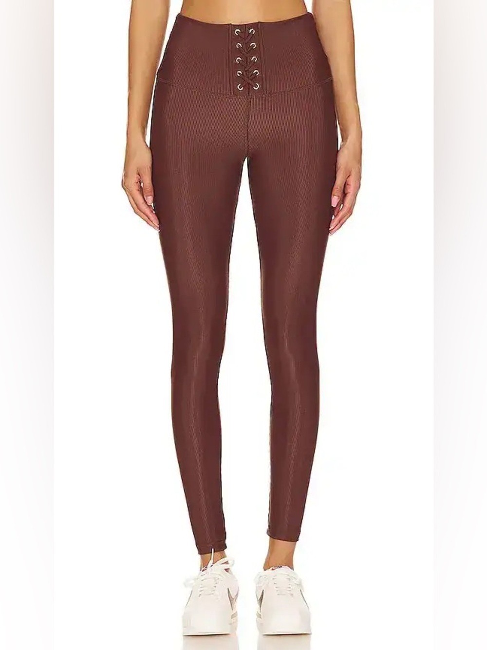 Lace-Up High-Waist Brown Ribbed Leggings